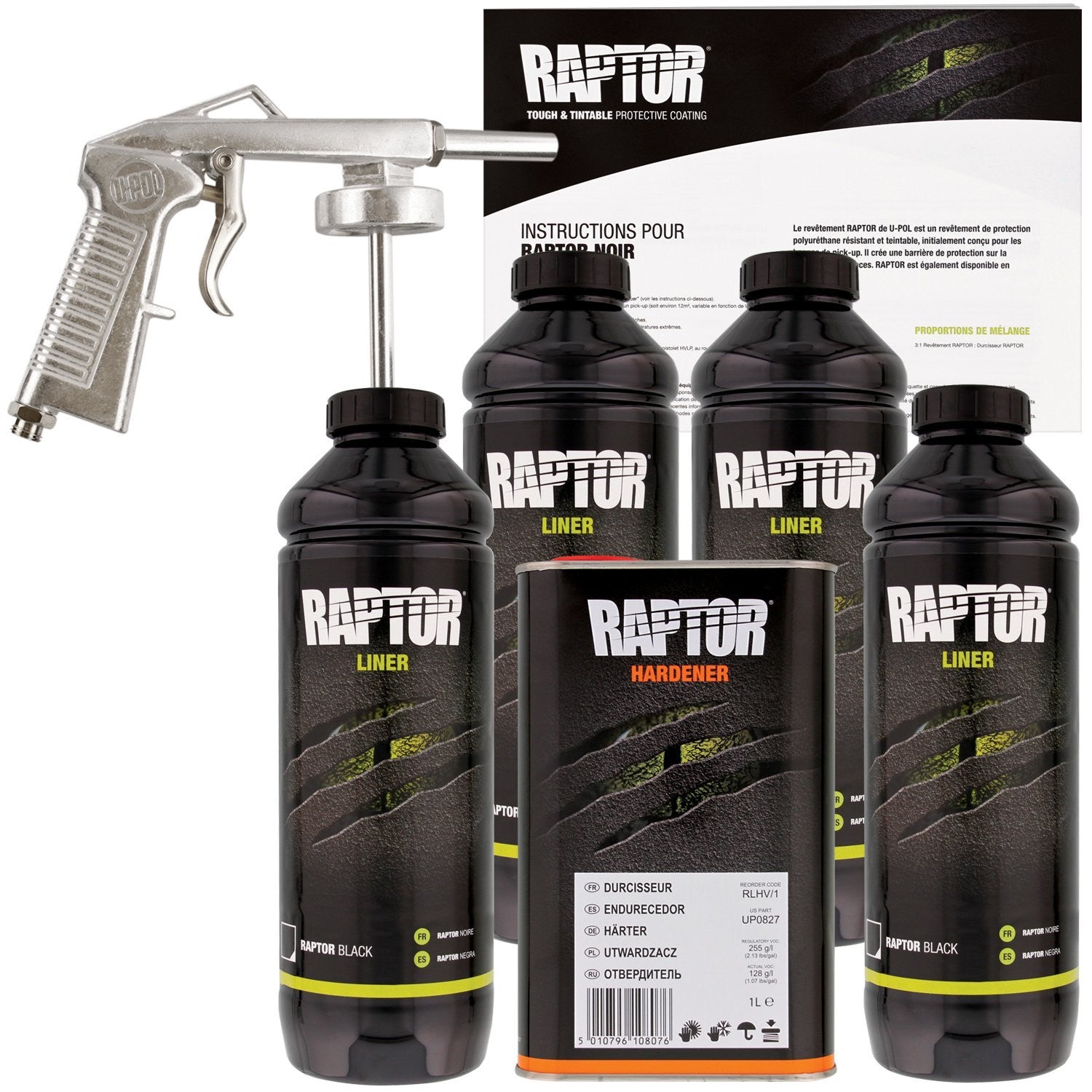 U-Pol 820 Raptor Bed Liner Black 4L Pack with Free Application Gun